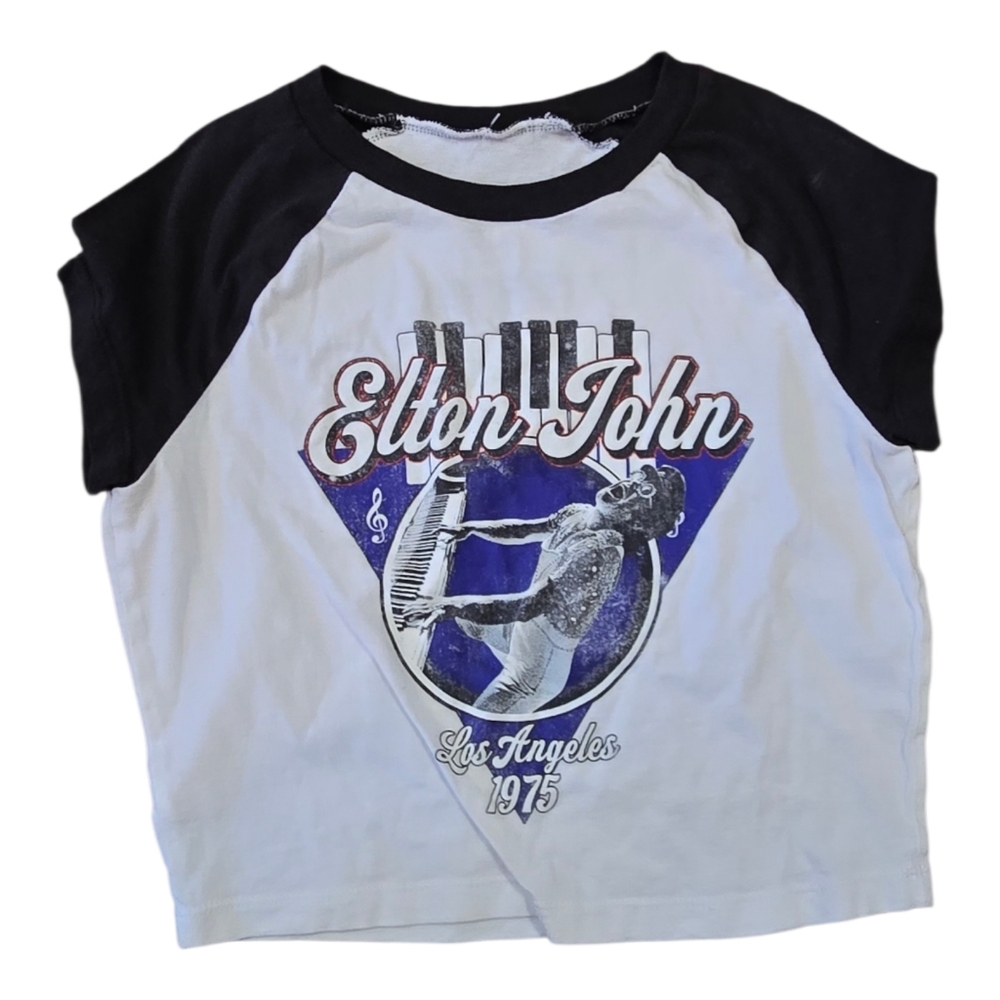 Adult Elton John Commorative Concert T-shirt Black and White Graphic Tee